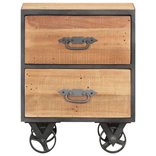 Industrial Nightstand with 2 Drawers, Reclaimed Wood Bedside Cabinet with Steel Frame and Wheels, Rustic Side Table for Bedroom Storage, 15.7 x 11.8 x 20.1 Inches