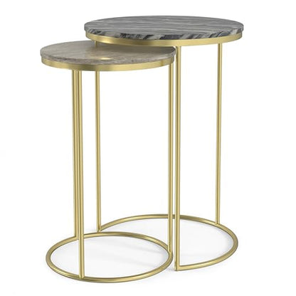 SIMPLIHOME Ashley Nesting Tables Set – 16 inch Wide Genuine Marble Top Metal Accent Tables in Grey Taupe Marble/Gold, Round End Tables for Living Room or Bedroom with Compact Design, Assembled