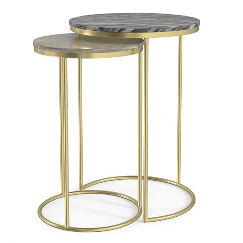SIMPLIHOME Ashley Nesting Tables Set – 16 inch Wide Genuine Marble Top Metal Accent Tables in Grey Taupe Marble/Gold, Round End Tables for Living Room or Bedroom with Compact Design, Assembled