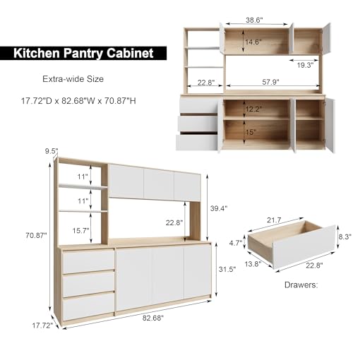 Mekminop Extra Large Kitchen Pantry with Microwave Shelf, Kitchen Hutch Storage Cabinet with Countertop, Freestanding Countertop Cabinet with 3 Drawers and 3 Open Shelves, White + Walnut - color: White + Walnut, size: 82.7" Wide