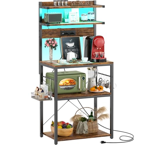 Aheaplus Bakers Rack with Power Outlet, Microwave Stand, 5 Tiers Coffee Bar Station with Led Lights, Kitchen Storage Shelf with 6 S-shaped Hooks, Kitchen Rack for Spices, Pots and Pans, Rustic Brown - color: Rustic Brown, size: 23.6 inch