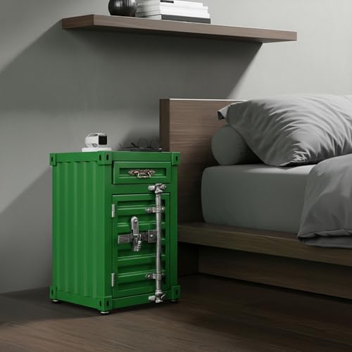 Industrial Metal Container Side Table, 3-Tier End Tables with Drawers, Bedside Table, Container Style Locker Wrought, Retro Style Metal Container Cabinet for Bar/Bedroom/Garage (Green) - color: Green
