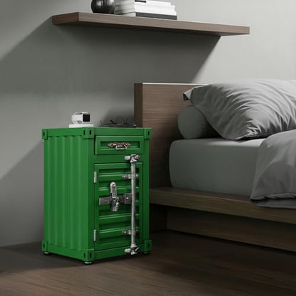 Industrial Metal Container Side Table, 3-Tier End Tables with Drawers, Bedside Table, Container Style Locker Wrought, Retro Style Metal Container Cabinet for Bar/Bedroom/Garage (Green) - color: Green