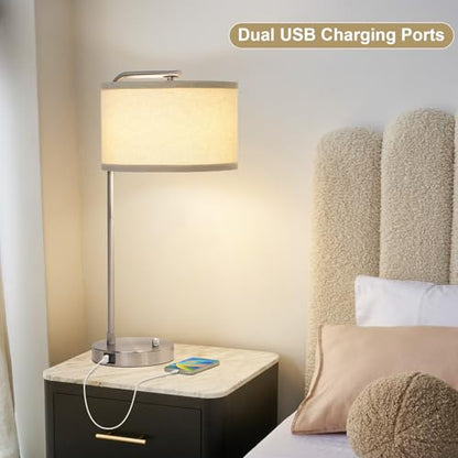 Table Lamp for Living Room, Modern Bedside Lamp with USB C+A Ports, Fully Dimmable Nightstand Lamp with Beige Drum Shade, Silver Finish Side Table Lamp for Bedroom Office, 3000K LED Bulb Included - color: Silver