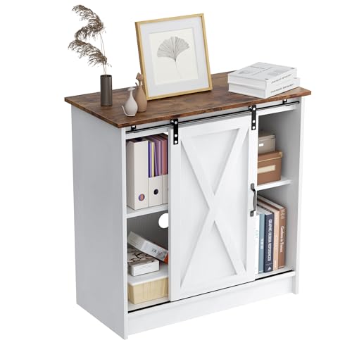 Farmhouse Coffee Bar Cabinet with Sliding Barn Door | Coffee Bar Table, Kitchern Coffee Bar with Adjustable Shelves for Dining Room, Living Room