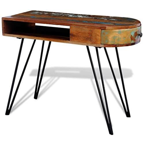 vidaXL Desk, Computer Desk with Drawer, Home Office Desk with Iron Legs, Writing Table Workstation, Industrial Retro, Solid Wood Reclaimed