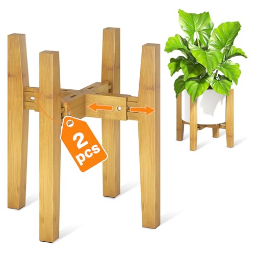LASZOLA Bamboo Adjustable Plant Stand for Single Large Indoor Planters, Heavy Duty Floor Fern Holder Fits 8 to 12 Inch Pots, Mid Century Elevated Big Stool for Flower– Pot Not Included, Walnut, 2 Pack - color: 2 Pack Walnut