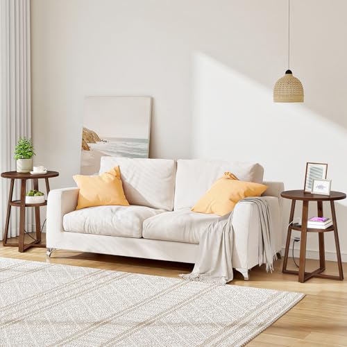 HOOBRO Round Side Table with Charging Station, Round Accent End Table with Bamboo Legs for Living Room, Bedroom, Brown, BR101UBZ01 - color: Brown