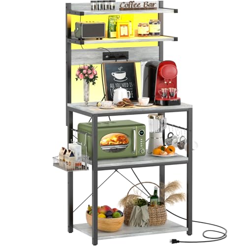 Aheaplus Bakers Rack with Power Outlet, Microwave Stand, 5 Tiers Coffee Bar Station with Led Lights, Kitchen Storage Shelf with 6 S-shaped Hooks, Kitchen Rack for Spices, Pots and Pans, White Oak - color: White Oak, size: 23.6 inch