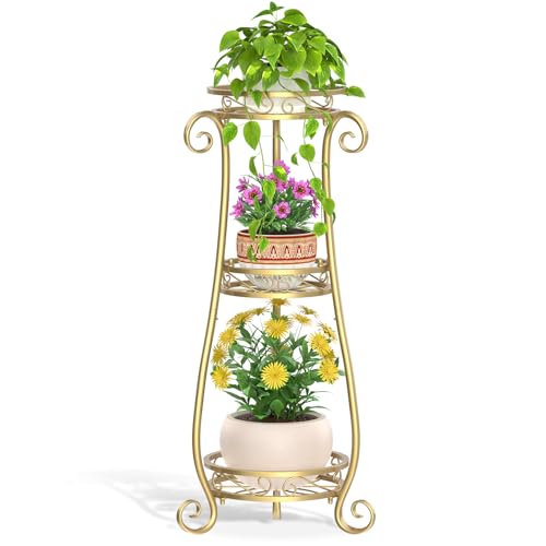 LASZOLA 3 Tier Gold Metal Plant Stand for Multiple Large Planters Indoor Outdoor Organizer, Heavy Duty Tall Flower Stand for Corner Patio Bathroom Office, Modern Sturdy Vertical Iron Rack, Cat Proof - color: Gold, size: 3 Tier