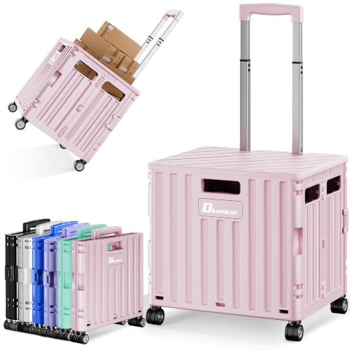 Folding Utility Cart with Lid, Portable Rolling Crate Handcart Collapsible Shopping Trolley, Durable Plastic Foldable Tool Basket with 4 Rotate Wheels for Grocery, Office, Luggage, School - Pink - color: Pink