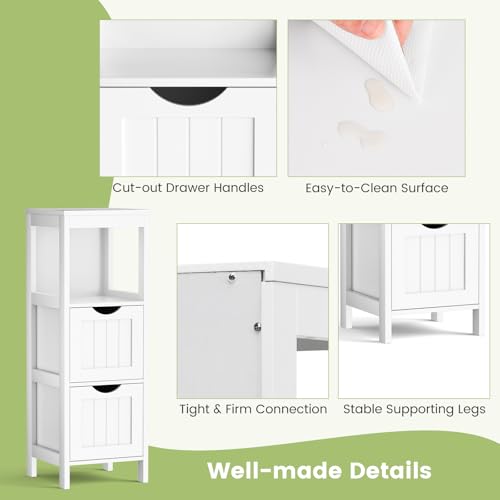 RELAX4LIFE Small Bathroom Storage Organizer, Freestanding with 2 Removable Drawers & Open Shelf, Wooden Corner Cabinet for Entryway, Living Room or Narrow Bathroom (White)