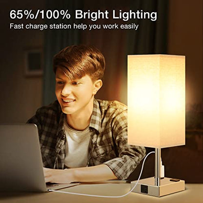 Beige Touch Lamps Set of 2 for Bedroom - Dimmable, USB C+A, 2 AC Outlets | 3-Way Dimming, 3000K LED Bulbs Included, Square Beige Lampshade Silver Base, Small Bedside Lamp for Nightstand, Desk, Dorm - color: Beige-Silver