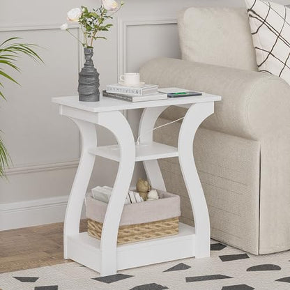 FROMJBEST End Tables Living Room, White End Table with Charging Station | Side Table Living Room, with USB Ports and Outlets, Nightstand for Bedroom, 3-Tier Storage Shelf, Bedside Table - color: White01