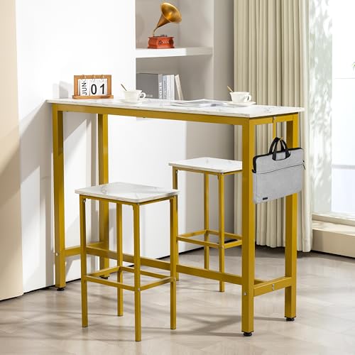 Finnhomy 52.7" Industrial Bar Table Set with 2 Stools - Counter Height Dining & Pub Table for Small Spaces, Kitchen, Apartment, Nook - Metal & Wood, Space-Saving Furniture - White Marble and Gold - color: White Marble + Gold, size: 52.7" Bar Table