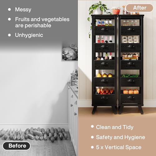 Tribesigns Black Wood Fruit and Vegetable Storage Rack, 5-Tier Narrow Snack Stand Kitchen Stand Fruit Basket, Pull-Out Utility Organizer for Kitchen, Living Room - color: Black