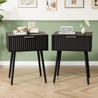 VINGLI Nightstands Set of 2, Fluted Night Stand with Drawer, Bedside Table, Wood Nightstand for Bedroom, Mid Century Modern End Tables, Black, 18.9" W*14.96" D*24" H - color: Black, size: 19"W-1 Drawer