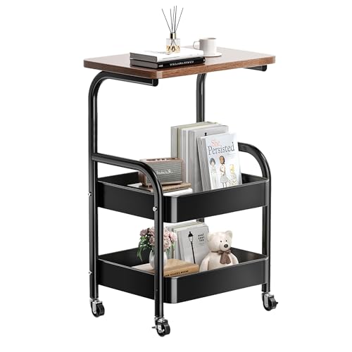 Y YOMA 3 Tier Rolling Utility Cart with Table Top, Metal Storage Organizer with Wheels for Small Space, Office, Kitchen, Bathroom, Dorm, Coffee Station - Black