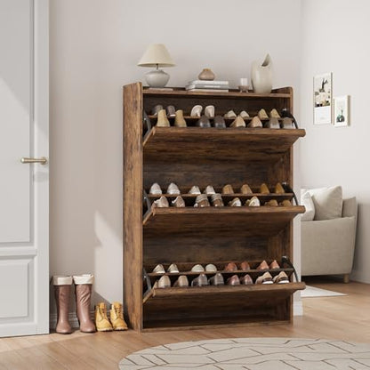 Garvee Shoe Cabinet with 3 Flip Drawers, Hidden Wood Shoe Cabinet,Freestanding Shoe Storage Cabinet with Adjustable Shelf for Entryway Hallwa, Living Room, Living Room, Brown - color: Rustic Brown