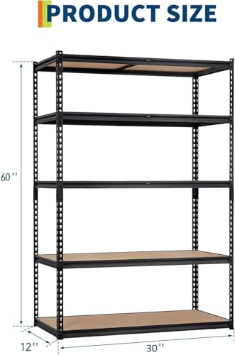 Storage Shelving Unit, 5-Tier Adjustable Metal Storage Shelves, 30" L x 12" W x 60" H Heavy Duty Garage Storage Shelves for Kitchen Pantry Basement Bathroom Laundry - size: 30" L x 12" W x 60" H