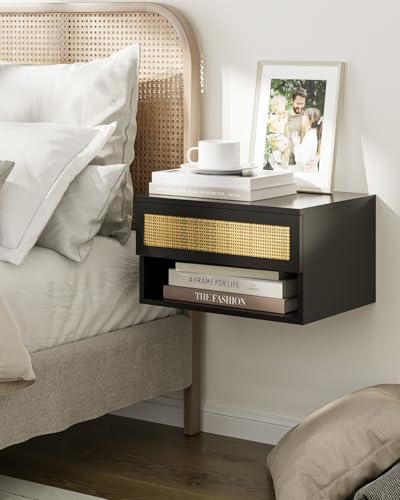 Floating Nightstand With Drawer - Small Modern Shelves for Bedroom, Bathroom (Black Rattan) - color: Black Rattan