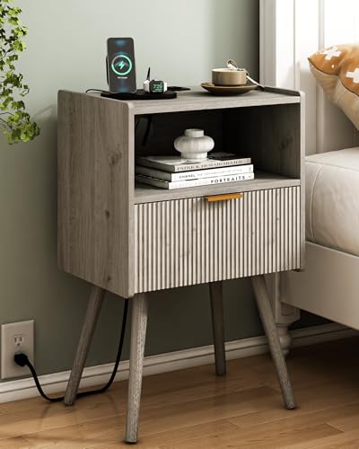 JOONEE Nightstand with Outlet,Modern Bedside Table with Storage Drawer and Open Wood Shelf, for Living Room, Bedroom and Small Spaces, Accent Night Stand with Solid Wood Legs, Easy Assembly,Grey Oak - color: Grey Oak-outlet
