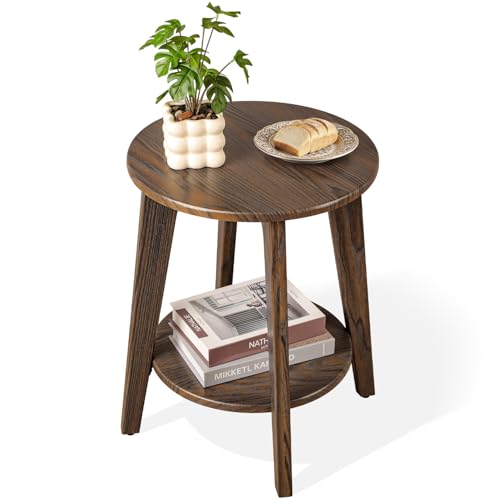 Small Round Side Table Wooden End Table with Lower Shelf Modern Nightstand Bedside Tables for Small Spaces, Living Room, Bedroom Rustic Brown - color: Rustic Brown