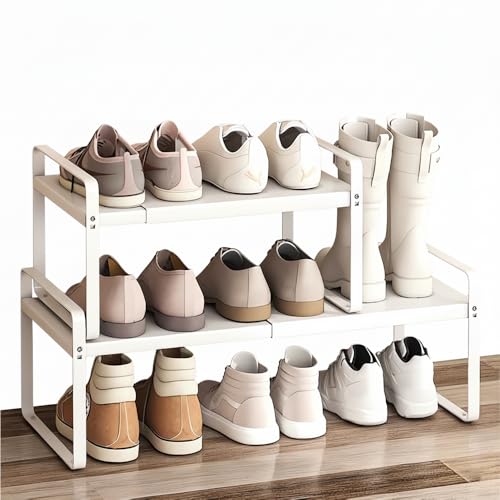 2-Pack Expandable Shoe Rack, Closet Organizer, 10" High, 15"-24" | Set of 2 1-Tier Metal Shelves; Adjustable Width Design; Compact Heavy-Duty Storage for Entryway, Bedroom & Small Spaces - color: White 2-pack, size: H: 10"