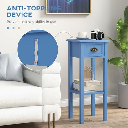 HOMCOM Narrow End Table with Drawer and Bottom Shelf Set of 1 Light Blue | Tall Telephone Table, Skinny Modern Design, for Small Spaces, Living Room - color: Light Blue