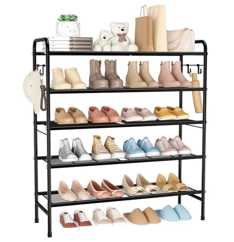 VILICK 5 Tier Shoe Rack 33" Wide Metal Shoe Organizer Long Shoe Storage with 4 Side Hooks Sturdy Shoes Shelf for Closet, Front Door Entrance, Garage, Dorm, Black - size: 5-Tier (11"x 33"x 37.8")