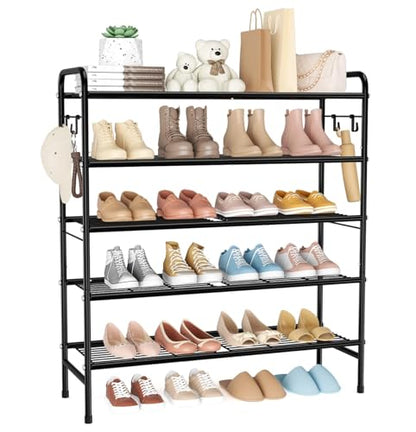 VILICK 5 Tier Shoe Rack 33" Wide Metal Shoe Organizer Long Shoe Storage with 4 Side Hooks Sturdy Shoes Shelf for Closet, Front Door Entrance, Garage, Dorm, Black - size: 5-Tier (11"x 33"x 37.8")
