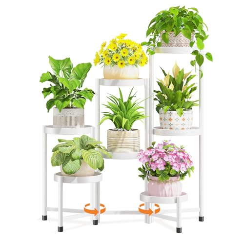 LASZOLA 7 Tiered Folding Tall Plant Stand Indoor for Multiple Large Planter, Heavy Duty Metal Adjustable Flower Rack for Narrow Corner, Sturdy Vertical Spiral Shelving Holder for Modern House, White - size: 7 Tier, White