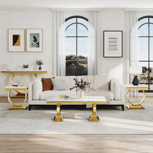 Asday Gold End Side Table, White Side Table for Living Room, Bedroom, Stable End Table with U-Shaped Polished Gold Base and Square Bottom Plate - color: White, size: Set of 1