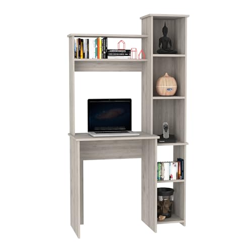 Tuhome Versalles Writing Desk with Two Superior Shelves, Five Side Open Storage Compartments, Space-Saving Modern Workstation Design for Studios and Offices, Ideal for Organization - color: Light Gray