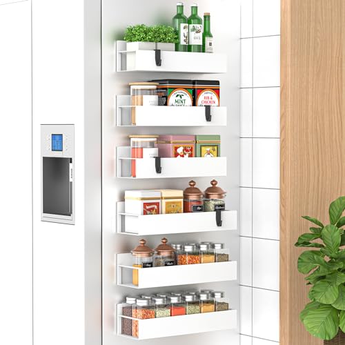 Metal Magnetic Spice Rack for Refrigerator White, 6 Pack | Magnetic Shelves Heavy Duty for Fridge in Kitchen, Seasoning Storage Organizer, For Oven Washer and Dryer, For Heavier Items - color: White, size: 6 Pack