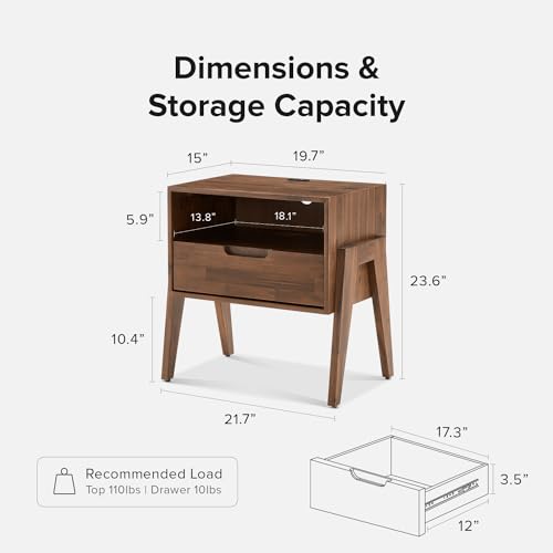 mopio Ted Solid Wood Nightstand with Charging Station, Mid Century Modern Storage Night Stand, Small Side Table Drawer, Bedside, End Table USB C & USB A Ports (Single) - size: Single