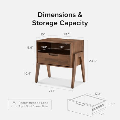 mopio Ted Solid Wood Nightstand with Charging Station, Mid Century Modern Storage Night Stand, Small Side Table Drawer, Bedside, End Table USB C & USB A Ports (Single) - size: Single