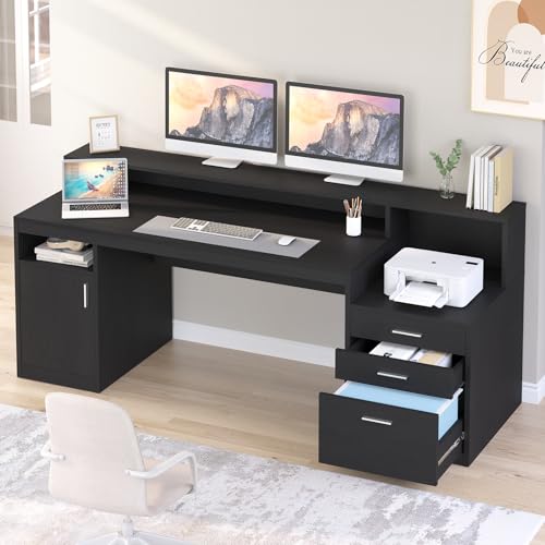 YOMILUVE Computer Desk with 3 Drawer & Storage Shelves, Home Office Desk with File Drawer & Cabinet, Writing Study Table with Long Monitor Stand & Printer Shelf, Executive Desk, Black - color: Black