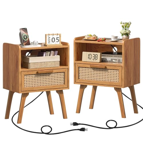 Lerliuo Rattan Nightstands Set of 2 with Charging Station, Side Table with Drawer, Cane Accent Bedside End Table with Solid Wood Legs, Night Stand for Bedroom, Dorm and Small Spaces (Tea Brown) - color: Tea Brown, size: 2 pack