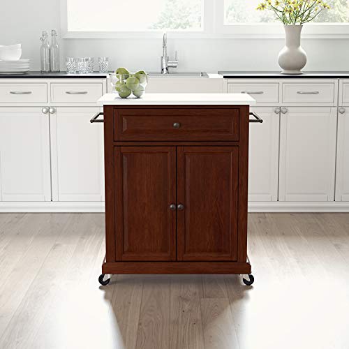 Crosley Furniture Compact Stone Top Small Rolling Cart with Shelves, Microwave Stand with Towel Rack, Mahogany - color: Mahogany, style: White Granite Top