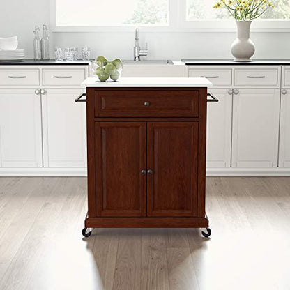 Crosley Furniture Compact Stone Top Small Rolling Cart with Shelves, Microwave Stand with Towel Rack, Mahogany - color: Mahogany, style: White Granite Top