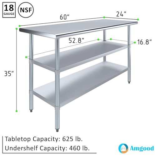 Stainless Steel Work Table with 2 Shelves | Metal Utility Table | Commercial & Residential NSF Utility (Stainless Steel Table with 2 Shelves, 60" Long x 24" Deep) - size: 60" Long x 24" Deep
