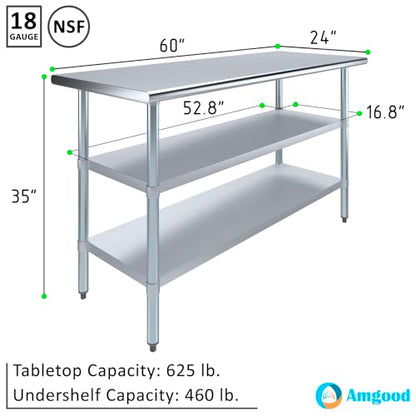 Stainless Steel Work Table with 2 Shelves | Metal Utility Table | Commercial & Residential NSF Utility (Stainless Steel Table with 2 Shelves, 60" Long x 24" Deep) - size: 60" Long x 24" Deep