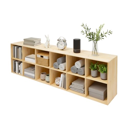 Long Low Bookshelf Under Window 12 Cube Storage Organizer, 6/2-Tier, 70" Long Low Cube Bookshelf – Floor-Standing Storage Cabinet, Open Shelving Organizer Unit for Living Room, Bedroom, Study, Office