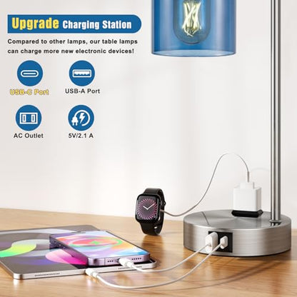 Innqoo Industrial Blue Table Lamps for Bedrooms Set of 2-3-Way Dimmable Desk Lamp with USB C+A Ports and Outlet, Nickel Lamps with Green Glass Shade for Living Room - color: Blue Shade& Nickel Base