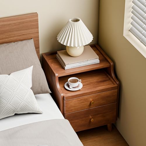 Nightstand with Drawers, Pre-Assembled, 19.7" H Natural Solid Wood Night Stand with Open Sliding Shelf, Mid Century Modern Small Bedside Table Cabinet for Bedroom, Walnut, 16" - color: Walnut, size: 16"