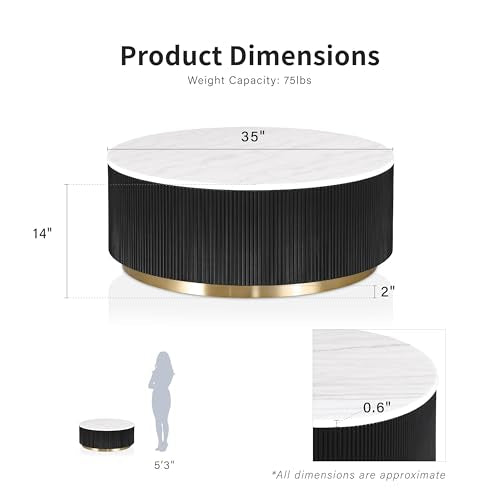 Furniture of America Beryl Modern Round White Genuine Marble Top Coffee Table with Fluted Pedestal Base and Gold Stainless Steel Accent, Low Profile Table for Living Room, Home Office, Black - size: Coffee table, style: Round