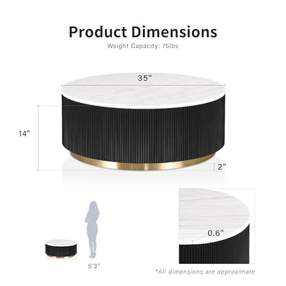 Furniture of America Beryl Modern Round White Genuine Marble Top Coffee Table with Fluted Pedestal Base and Gold Stainless Steel Accent, Low Profile Table for Living Room, Home Office, Black - size: Coffee table, style: Round