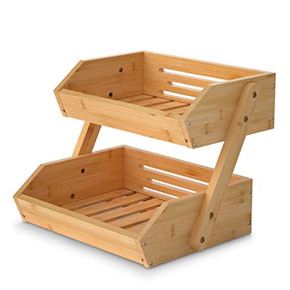 Merysen 2-Tier Bamboo Fruit Basket for Kitchen Countertop, Self-assembly | Large Fruit Holder Stand, Suitable for Bread, Snacks, Vegetables, Produce, Home Storage and Display - size: 2 Tier Bamboo
