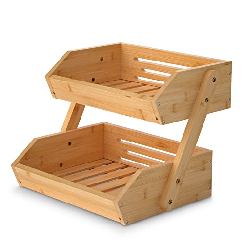 Merysen 2-Tier Bamboo Fruit Basket for Kitchen Countertop, Self-assembly | Large Fruit Holder Stand, Suitable for Bread, Snacks, Vegetables, Produce, Home Storage and Display - size: 2 Tier Bamboo
